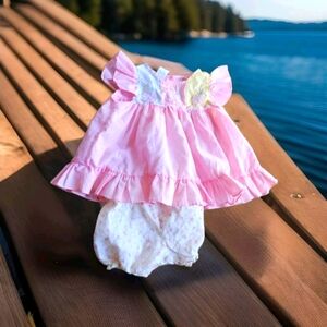 Vintage Girls Dress Easter Lace Pink Baby Embroidered Flowers Ruffled Bloomers